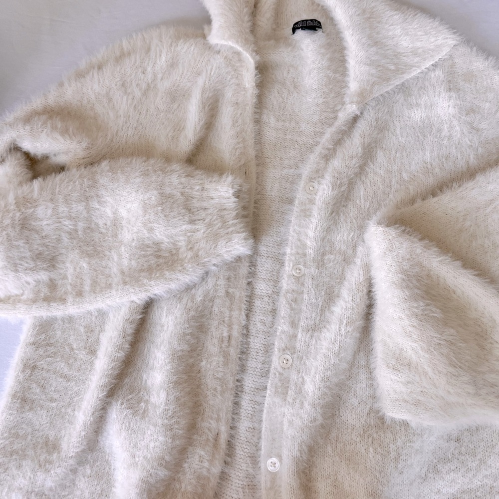 Fuzzy Soft Cream Ivory Cardigan - Button-up Collared - Women’s M - Wild Fable